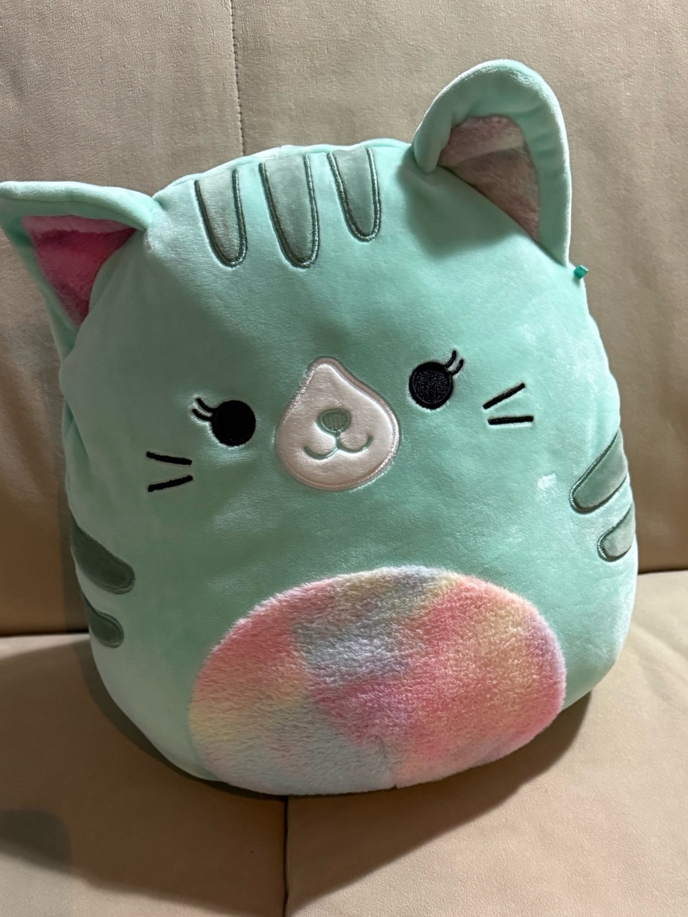 Squishmallows Corinna Teal Cat Rainbow Fuzzy Belly 14”
